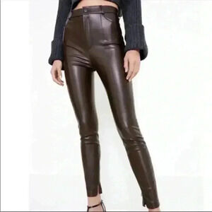 ZARA HIGH WAISTED FAUX LEATHER Chocolate Brown Pants zipper ankle XS